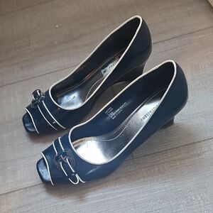 Classic Navy Peep-Toe Wedges with White Trim